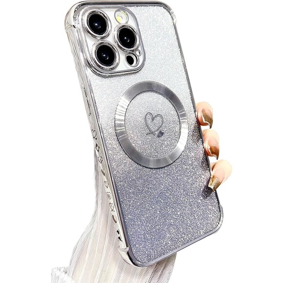 iPhone 15 Pro Max Case Magnetic Soft Cute Luxury Love Heart Silver MagSafe Clear - Picture 1 of 6